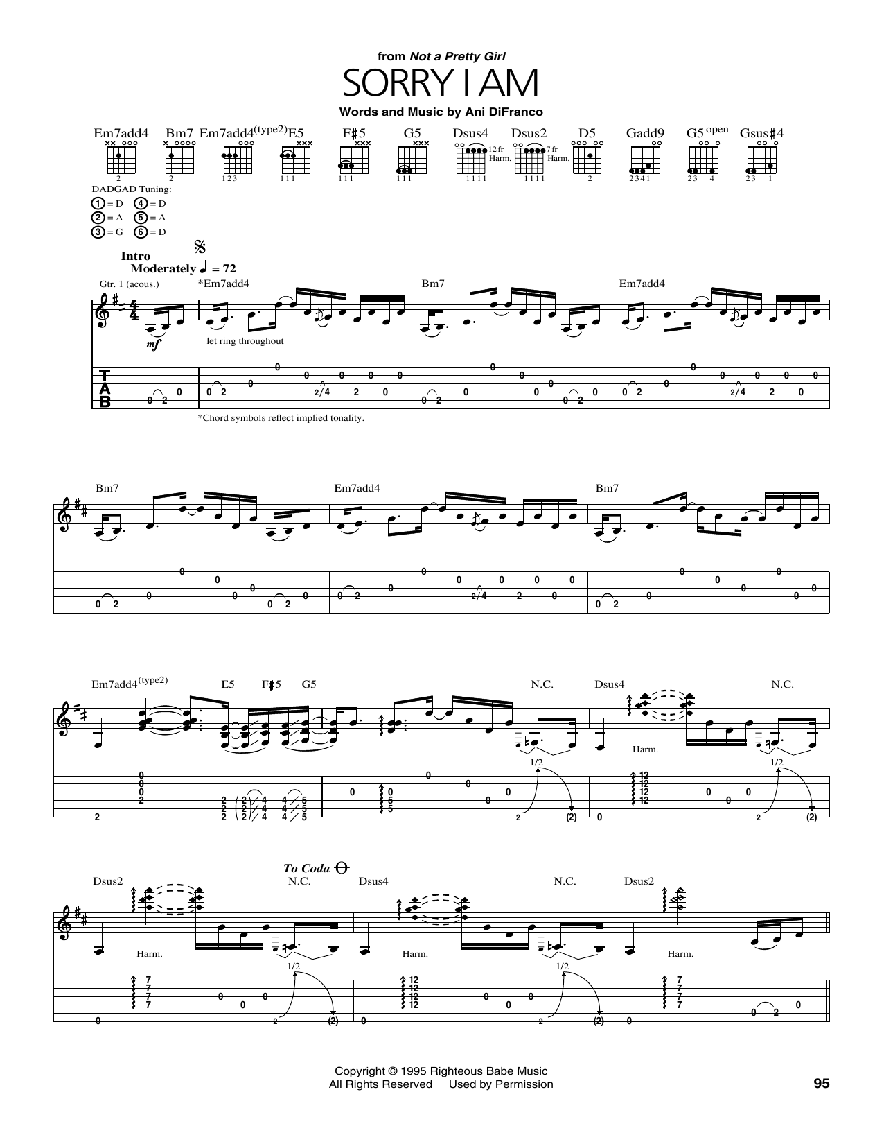 Ani DiFranco Sorry I Am Sheet Music Notes & Chords for Guitar Tab - Download or Print PDF