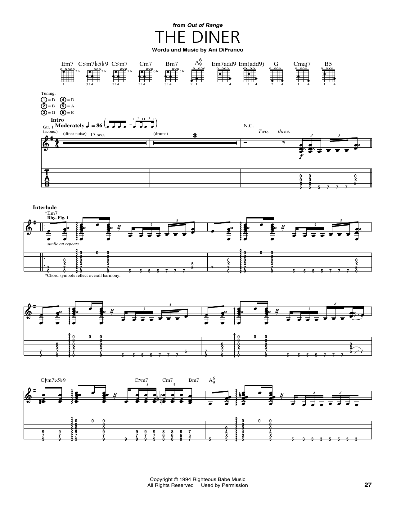 Ani DiFranco The Diner Sheet Music Notes & Chords for Guitar Tab - Download or Print PDF