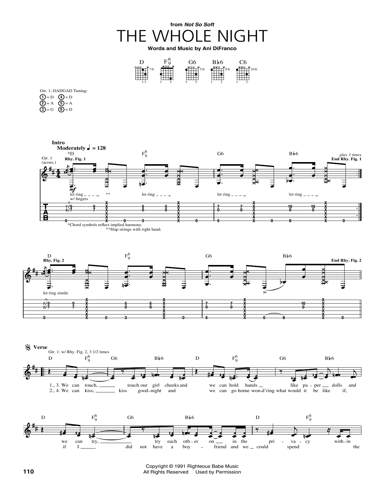 Ani DiFranco The Whole Night Sheet Music Notes & Chords for Guitar Tab - Download or Print PDF