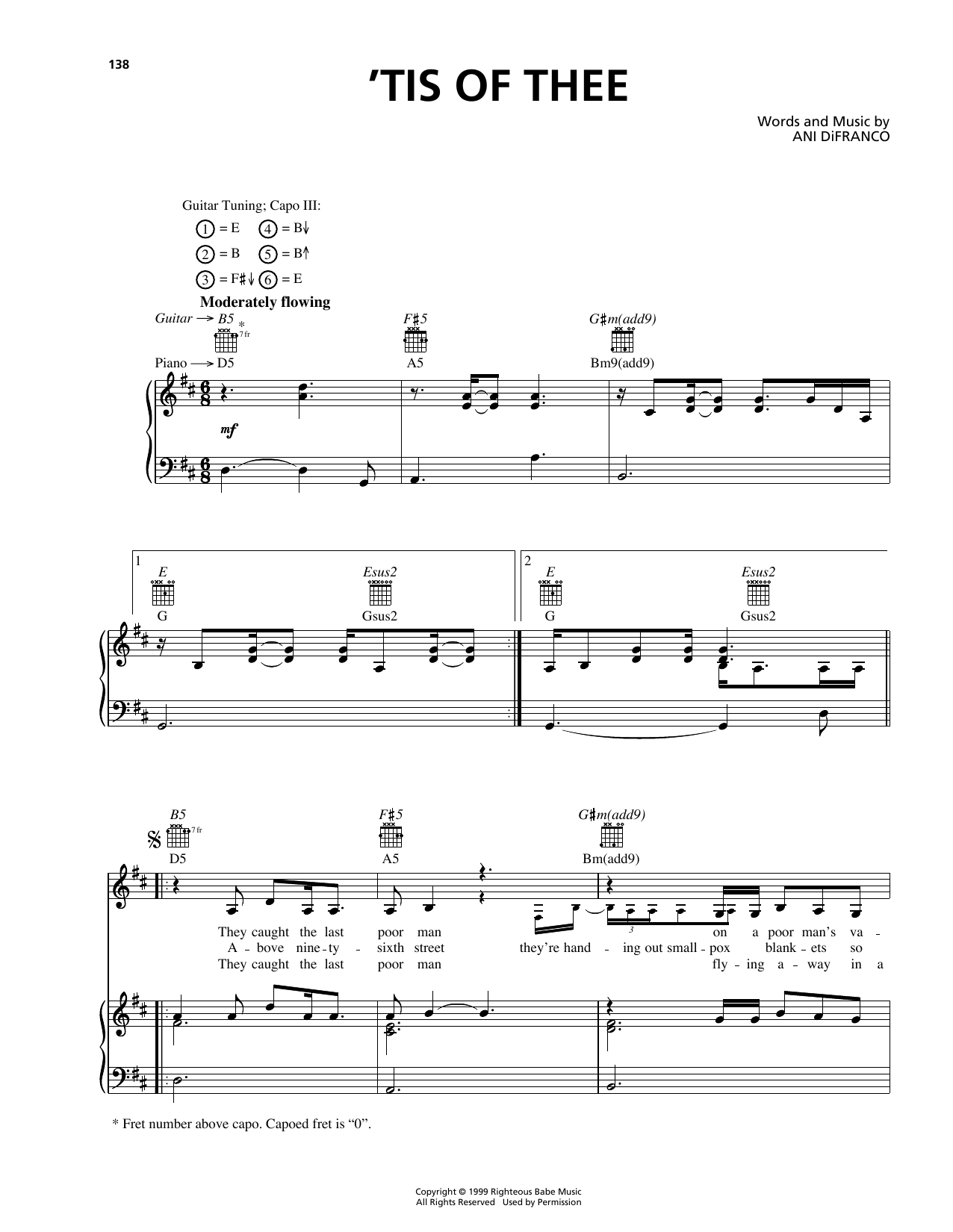 Ani DiFranco 'Tis Of Thee Sheet Music Notes & Chords for Piano, Vocal & Guitar (Right-Hand Melody) - Download or Print PDF