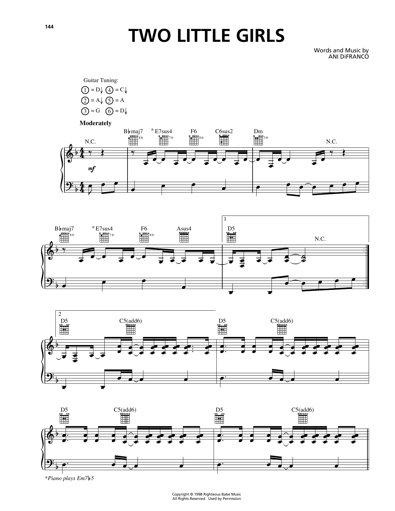 Ani DiFranco Two Little Girls Sheet Music Notes & Chords for Piano, Vocal & Guitar (Right-Hand Melody) - Download or Print PDF