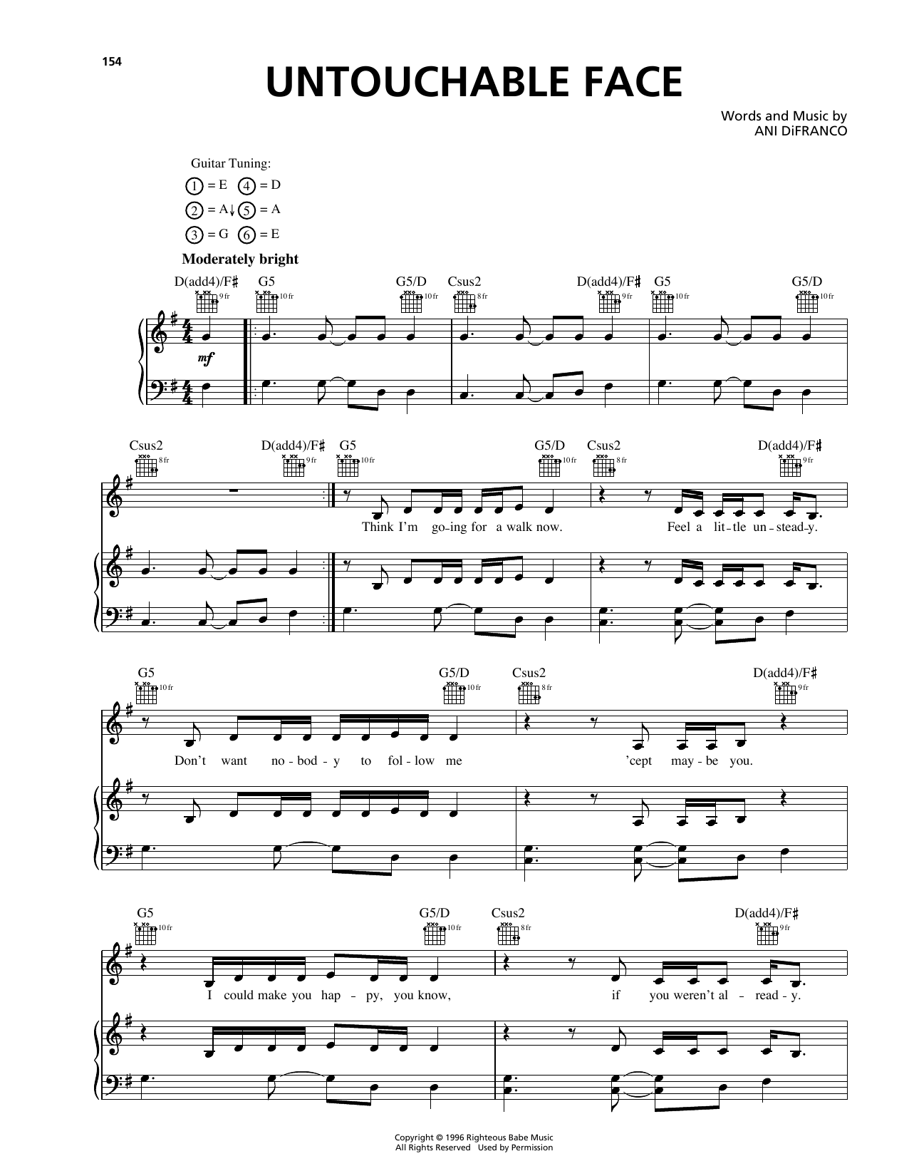 Ani DiFranco Untouchable Face Sheet Music Notes & Chords for Piano, Vocal & Guitar (Right-Hand Melody) - Download or Print PDF