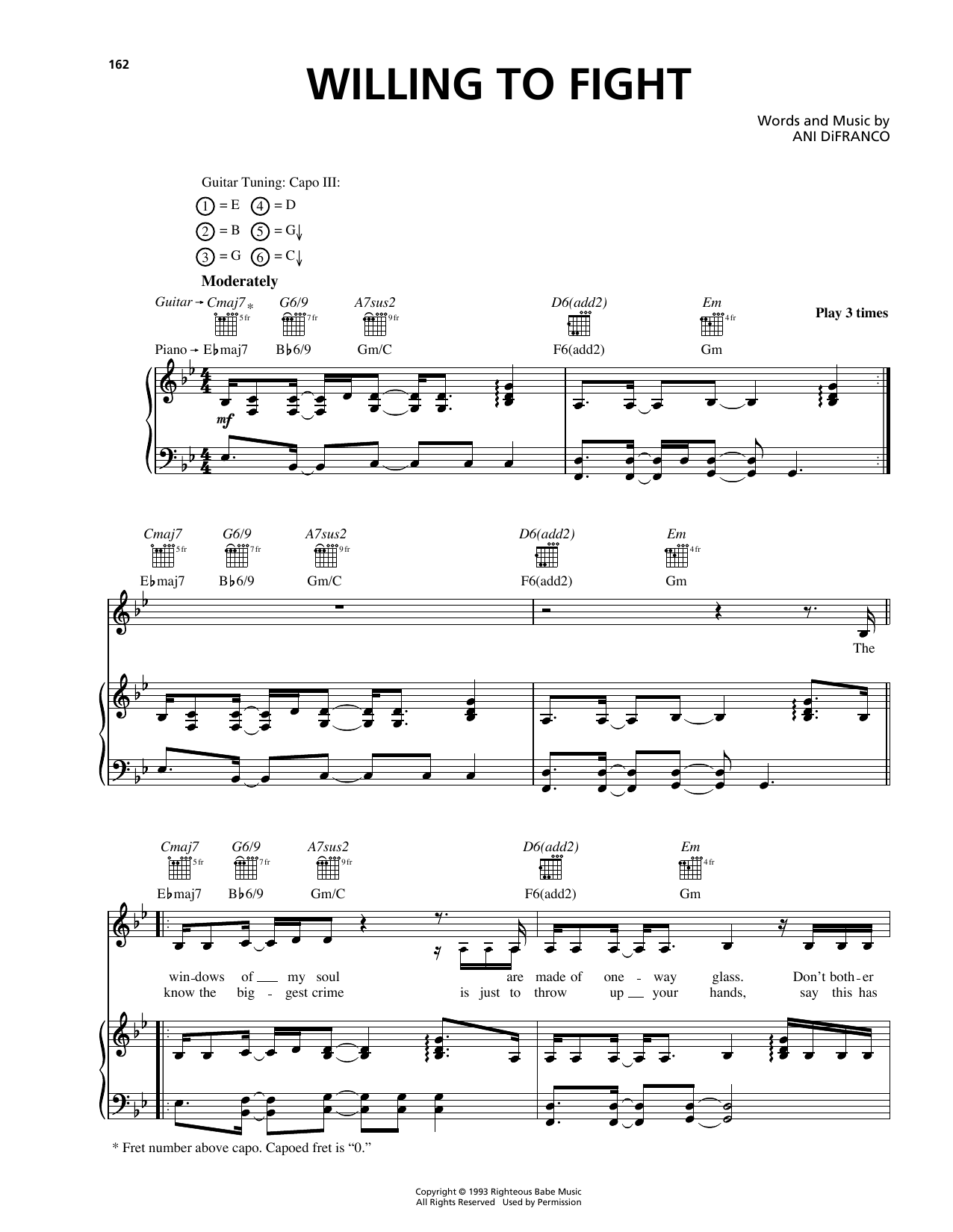 Ani DiFranco Willing To Fight Sheet Music Notes & Chords for Piano, Vocal & Guitar (Right-Hand Melody) - Download or Print PDF