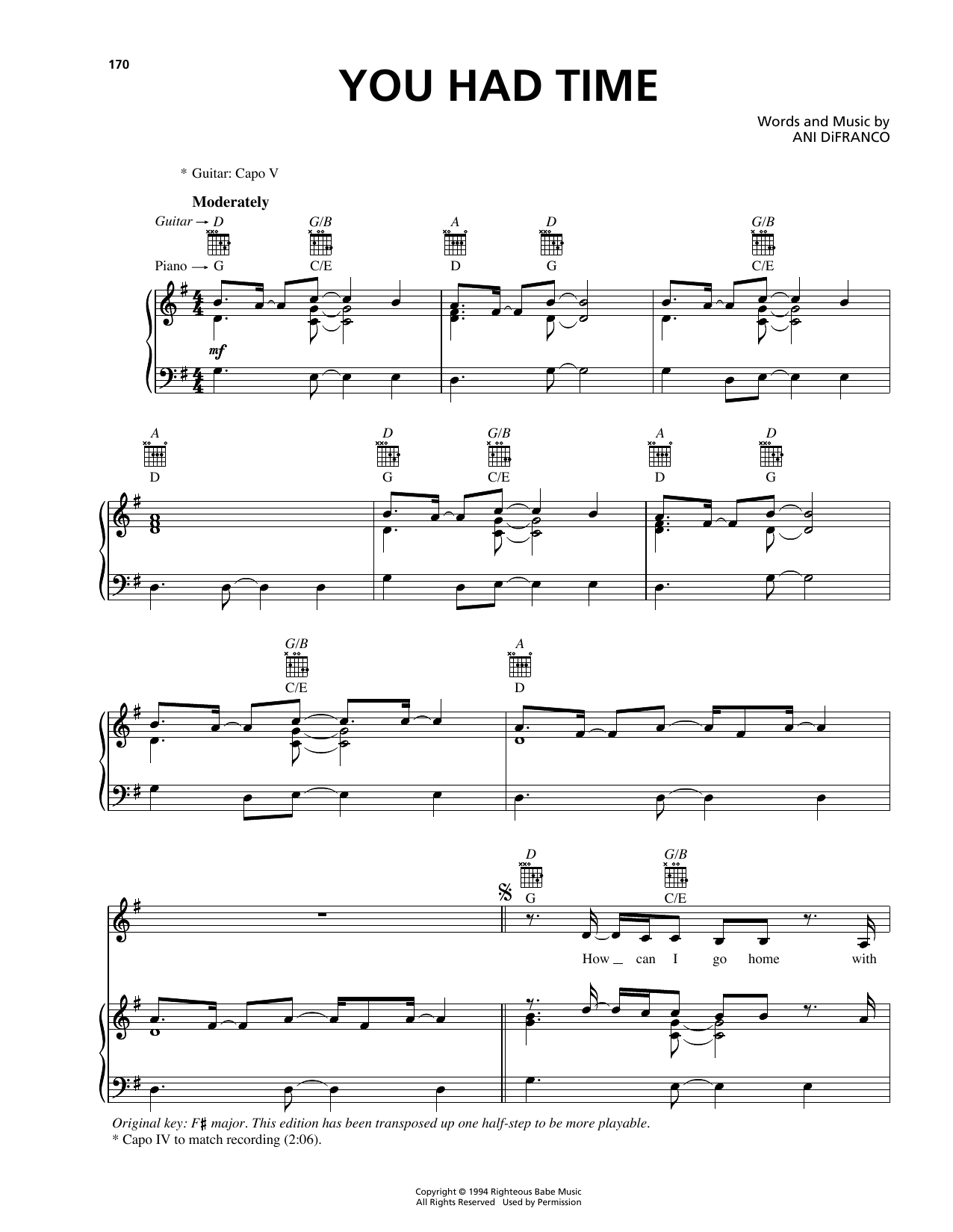 Ani DiFranco You Had Time Sheet Music Notes & Chords for Piano, Vocal & Guitar (Right-Hand Melody) - Download or Print PDF