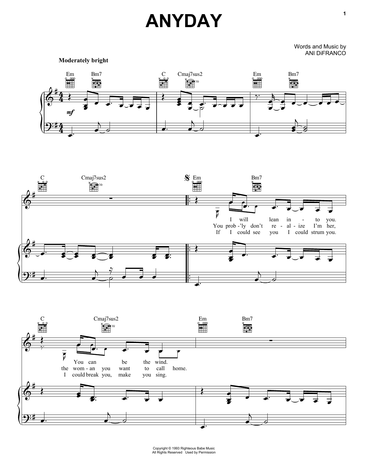 Preview Ani DiFranco Anyday Pop sheet music, notes and chords for Piano, Vocal & Guitar (Right-Hand Melody), SKU: 159674 Anyday sheet music
