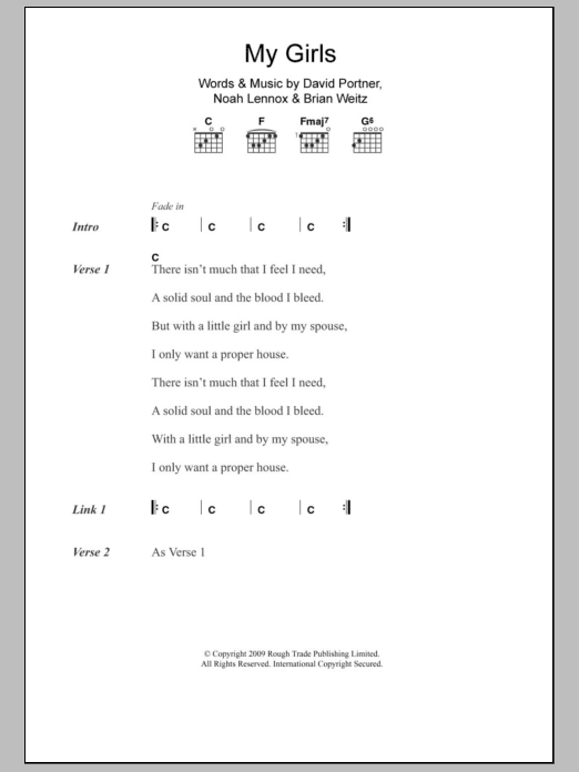 Animal Collective My Girls Sheet Music Notes & Chords for Lyrics & Chords - Download or Print PDF