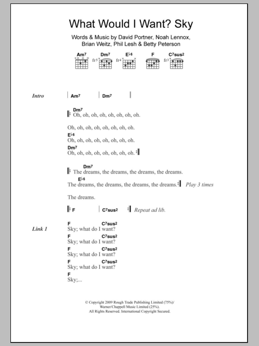 Animal Collective What Would I Want? Sky Sheet Music Notes & Chords for Lyrics & Chords - Download or Print PDF