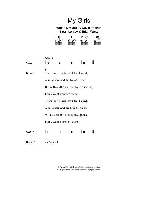 Animal Collective My Girls Sheet Music Notes & Chords for Lyrics & Chords - Download or Print PDF