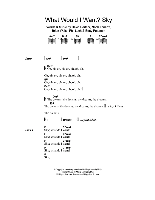 Animal Collective What Would I Want? Sky Sheet Music Notes & Chords for Lyrics & Chords - Download or Print PDF