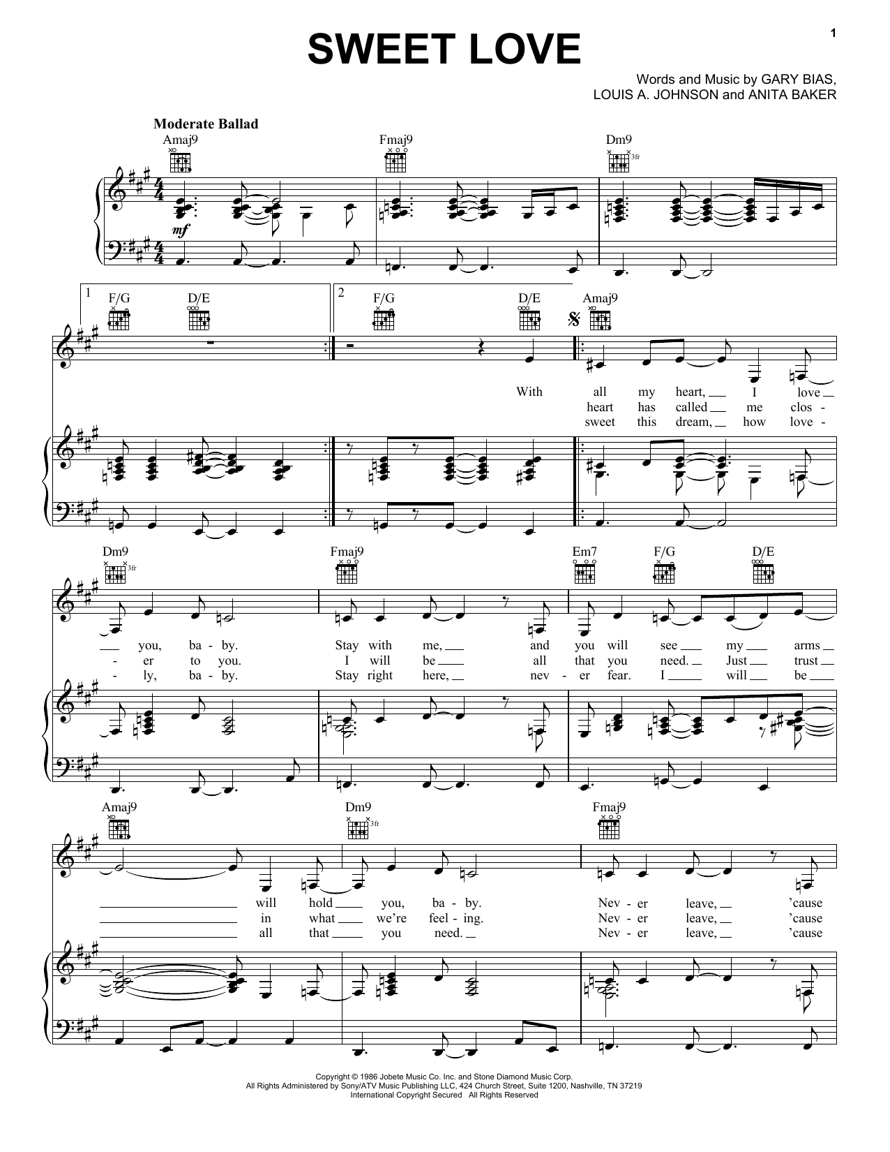 Anita Baker Sweet Love Sheet Music Notes & Chords for Piano, Vocal & Guitar (Right-Hand Melody) - Download or Print PDF