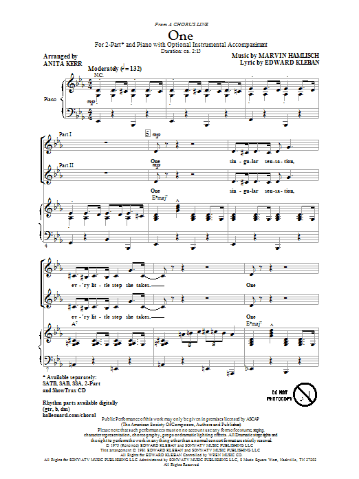 Preview Anita Kerr One (from A Chorus Line) Broadway sheet music, notes and chords for SATB, SKU: 67111 One (from A Chorus Line) sheet music