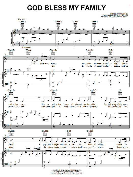 Ann Hampton Callaway God Bless My Family Sheet Music Notes & Chords for Piano, Vocal & Guitar (Right-Hand Melody) - Download or Print PDF