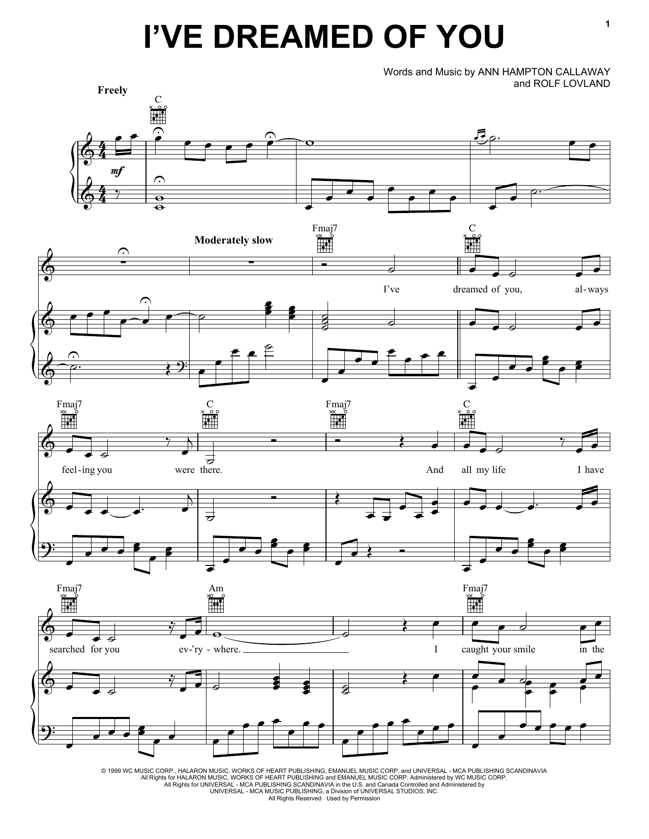 Ann Hampton Callaway I've Dreamed Of You Sheet Music Notes & Chords for Piano, Vocal & Guitar (Right-Hand Melody) - Download or Print PDF