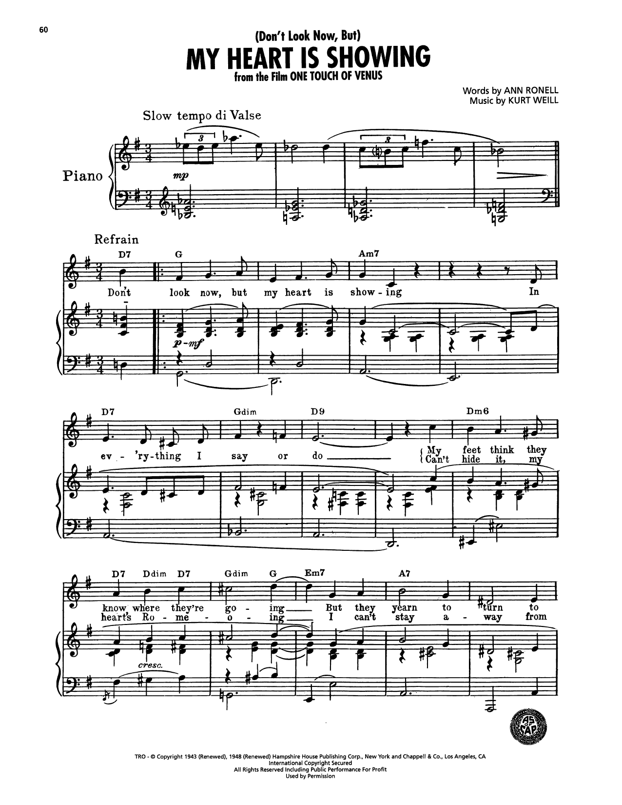 Ann Ronell (Don't Look Now, But) My Heart Is Showing (from One Touch Of Venus) Sheet Music Notes & Chords for Piano, Vocal & Guitar Chords (Right-Hand Melody) - Download or Print PDF