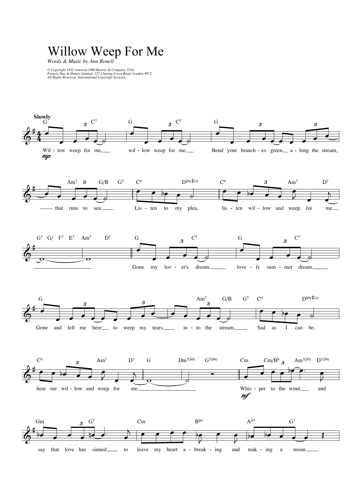 Ann Ronell Willow Weep For Me Sheet Music Notes & Chords for Melody Line, Lyrics & Chords - Download or Print PDF