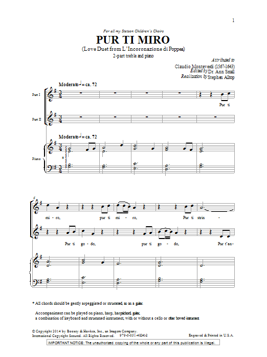 Ann Small Pur Ti Miro Sheet Music Notes & Chords for 2-Part Choir - Download or Print PDF