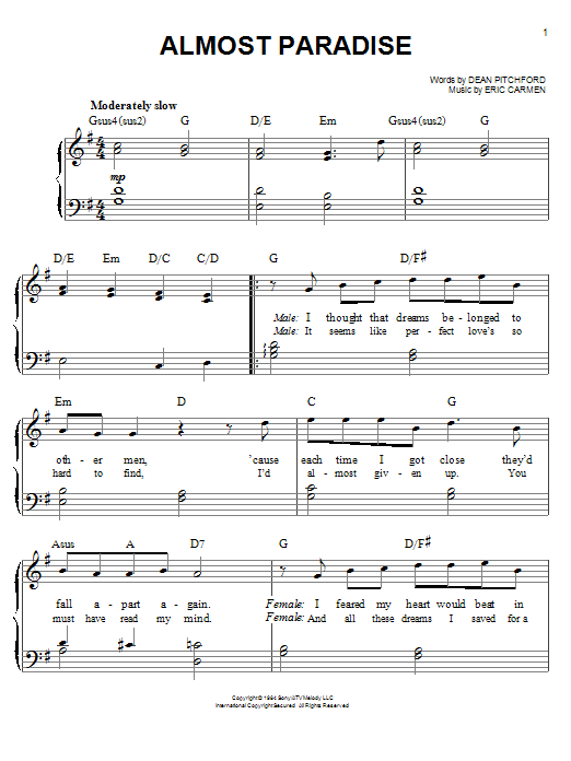 Ann Wilson & Mike Reno Almost Paradise (from Footloose) Sheet Music Notes & Chords for Easy Piano - Download or Print PDF