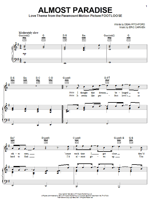 Ann Wilson & Mike Reno Almost Paradise Sheet Music Notes & Chords for Piano, Vocal & Guitar (Right-Hand Melody) - Download or Print PDF