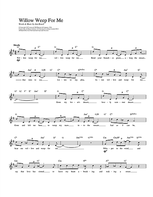 Preview Ann Ronell Willow Weep For Me Jazz sheet music, notes and chords for Melody Line, Lyrics & Chords, SKU: 14240 Willow Weep For Me sheet music