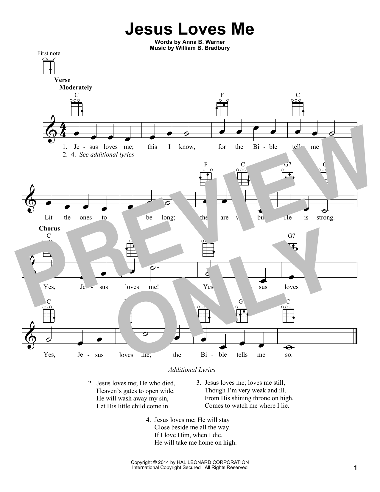 Anna B. Warner and William B. Bradbury Jesus Loves Me Sheet Music Notes & Chords for Ukulele - Download or Print PDF