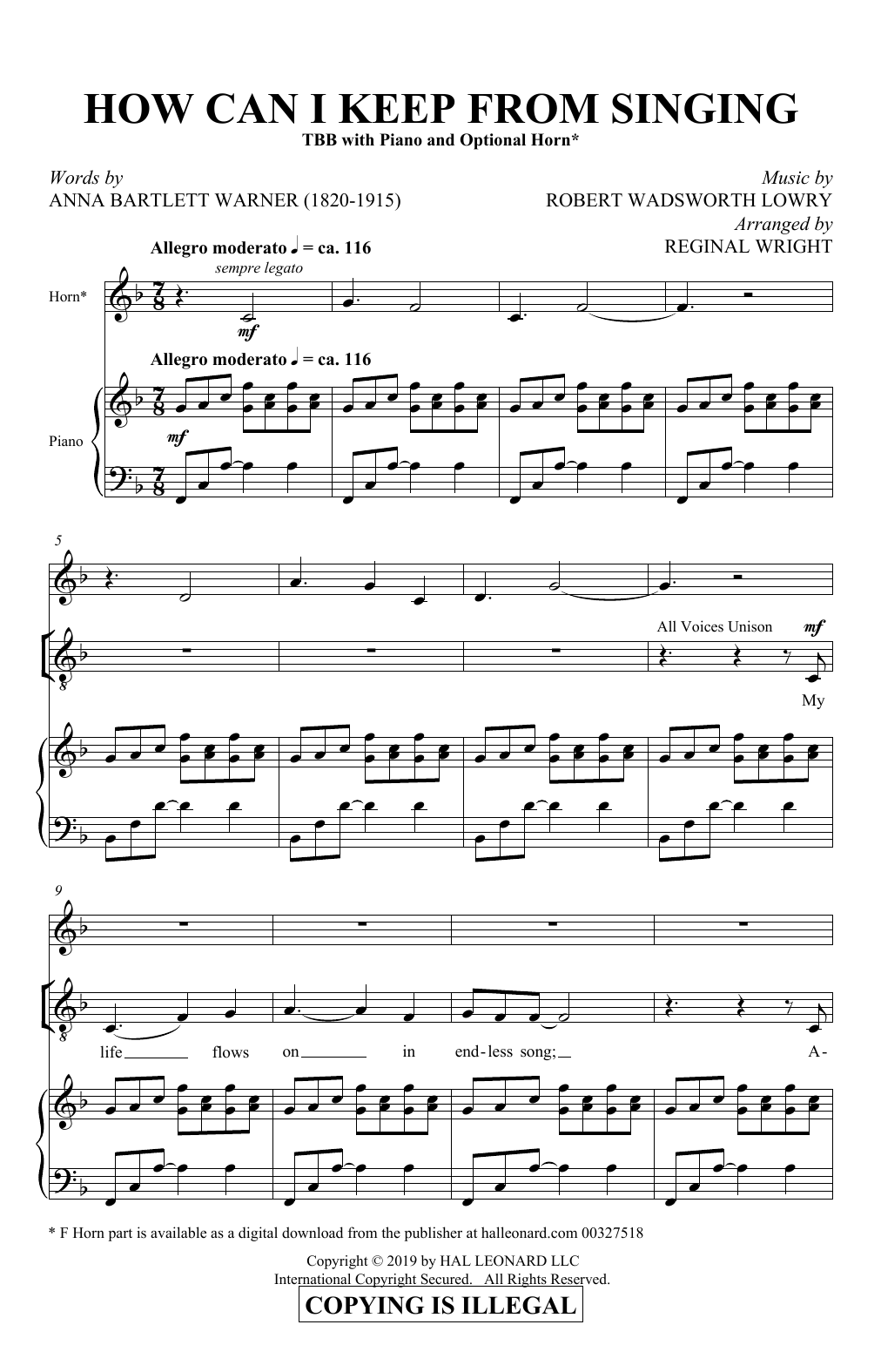 Anna Bartlett Warner and Robert Wadsworth Lowry How Can I Keep From Singing (arr. Reginal Wright) Sheet Music Notes & Chords for TBB Choir - Download or Print PDF