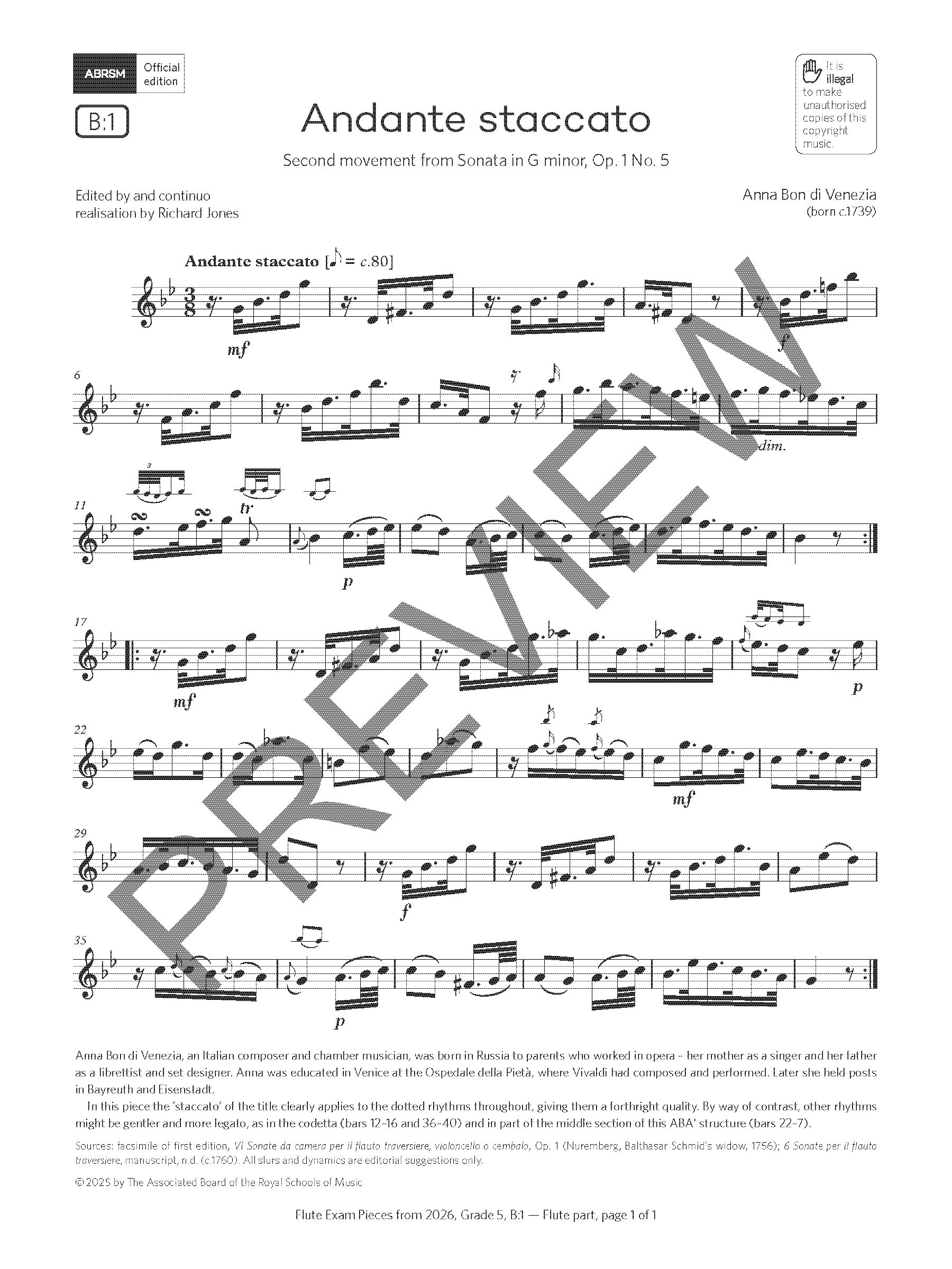 Anna Bon di Venezia Andante staccato (Grade 5, list B1, from the ABRSM Flute Syllabus from 2026) Sheet Music Notes & Chords for Flute Solo - Download or Print PDF