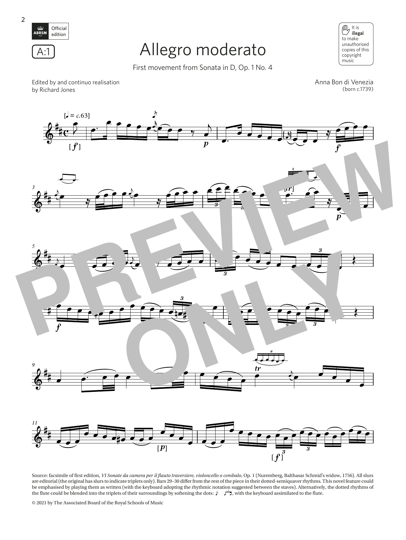 Anna Bon di Venezia Allegro moderato (from Sonata in D) (Grade 7 List A1 from the ABRSM Flute syllabus from 2022) Sheet Music Notes & Chords for Flute Solo - Download or Print PDF
