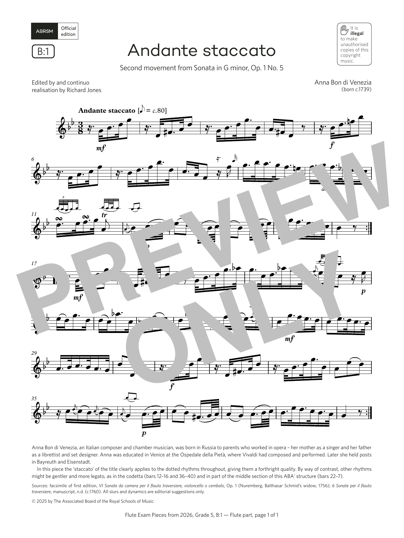 Anna Bon di Venezia Andante staccato (Grade 5, list B1, from the ABRSM Flute Syllabus from 2026) Sheet Music Notes & Chords for Flute Solo - Download or Print PDF Anna Bon di Venezia Andante staccato (Grade 5, list B1, from the ABRSM Flute Syllabus from 2026) Sheet Music Notes & Chords for Flute Solo - Download or Print PDF