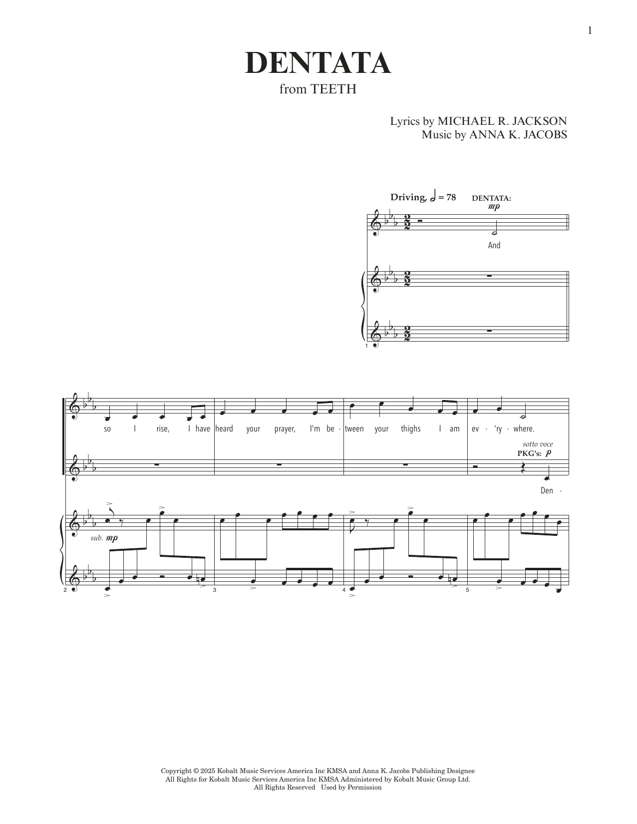 Anna K. Jacobs and Michael R. Jackson Dentata (from Teeth) Sheet Music Notes & Chords for Piano & Vocal - Download or Print PDF