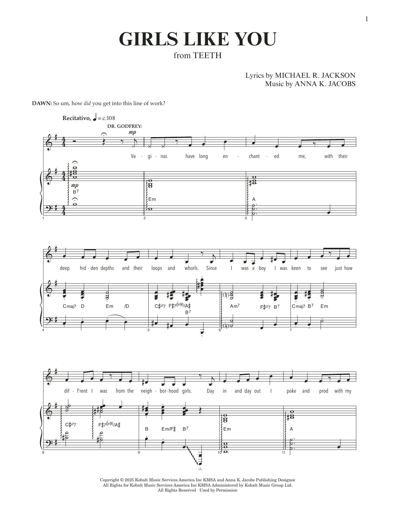 Anna K. Jacobs and Michael R. Jackson Girls Like You (from Teeth) Sheet Music Notes & Chords for Piano & Vocal - Download or Print PDF