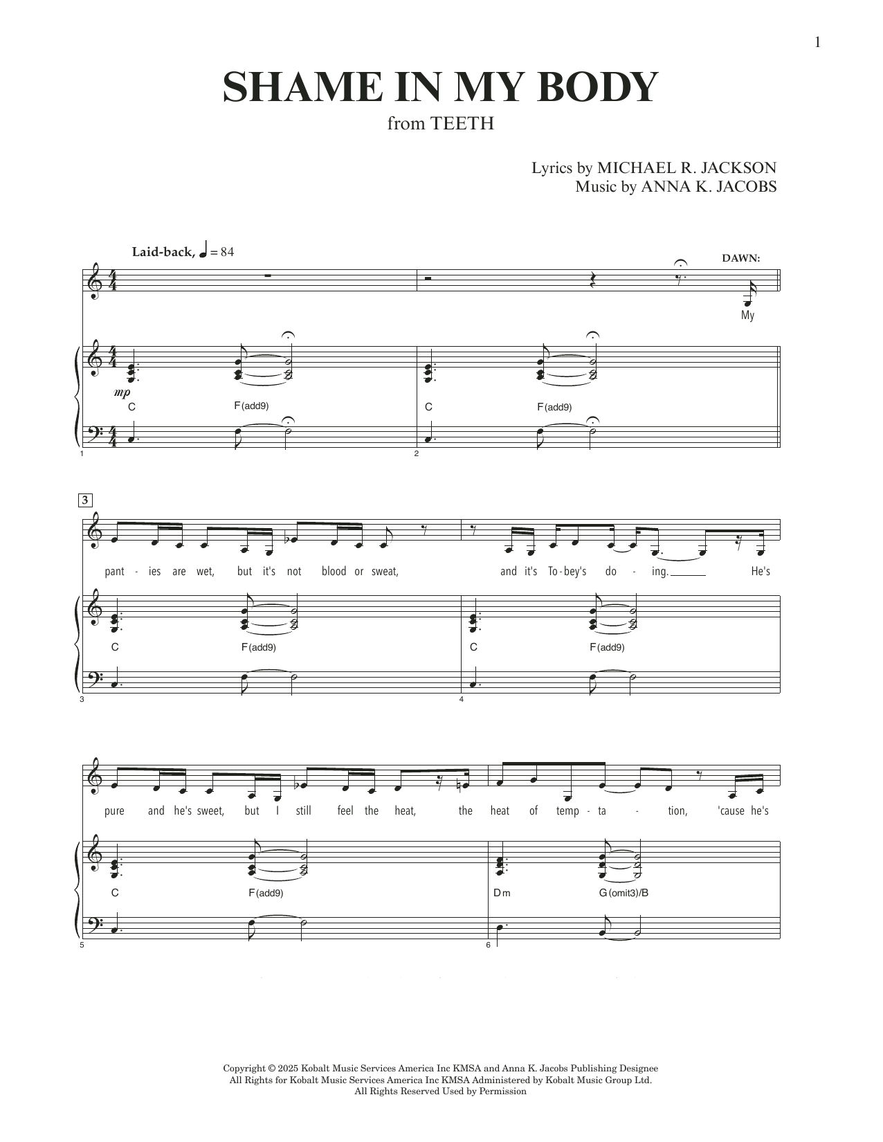 Anna K. Jacobs and Michael R. Jackson Shame In My Body (from Teeth) Sheet Music Notes & Chords for Piano & Vocal - Download or Print PDF Anna K. Jacobs and Michael R. Jackson Shame In My Body (from Teeth) Sheet Music Notes & Chords for Piano & Vocal - Download or Print PDF