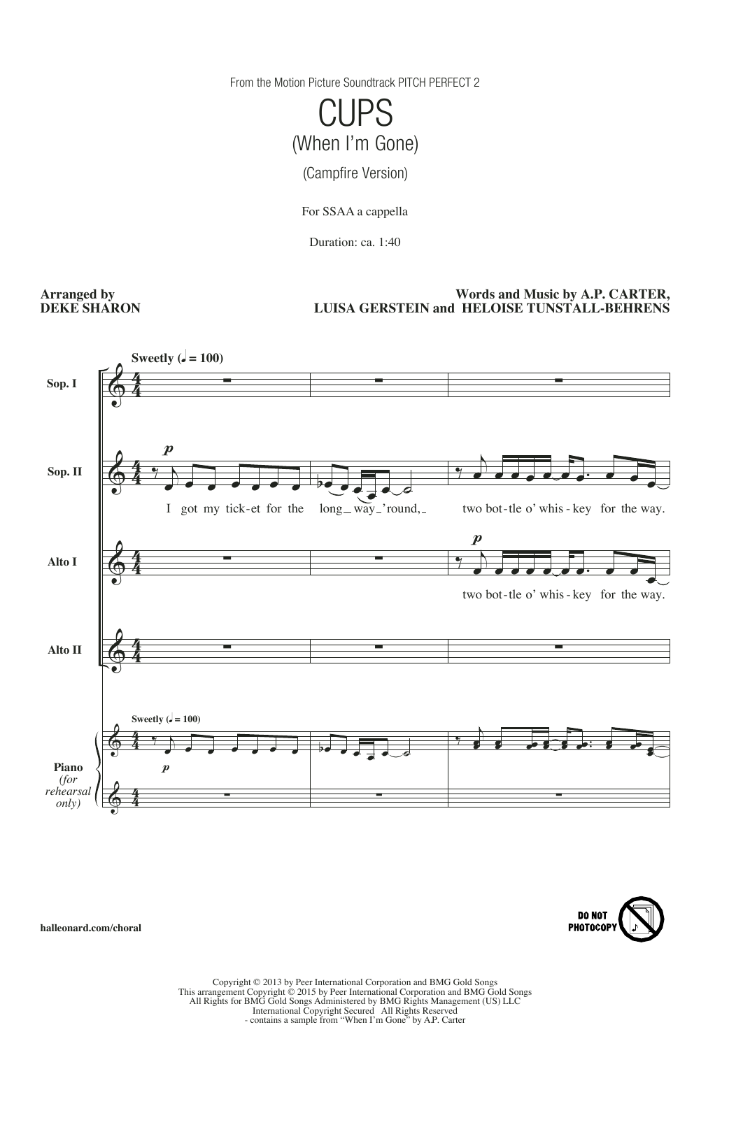 Anna Kendrick Cups (When I'm Gone) (Campfire Version) (from Pitch Perfect 2) (arr. Deke Sharon) Sheet Music Notes & Chords for SSA - Download or Print PDF