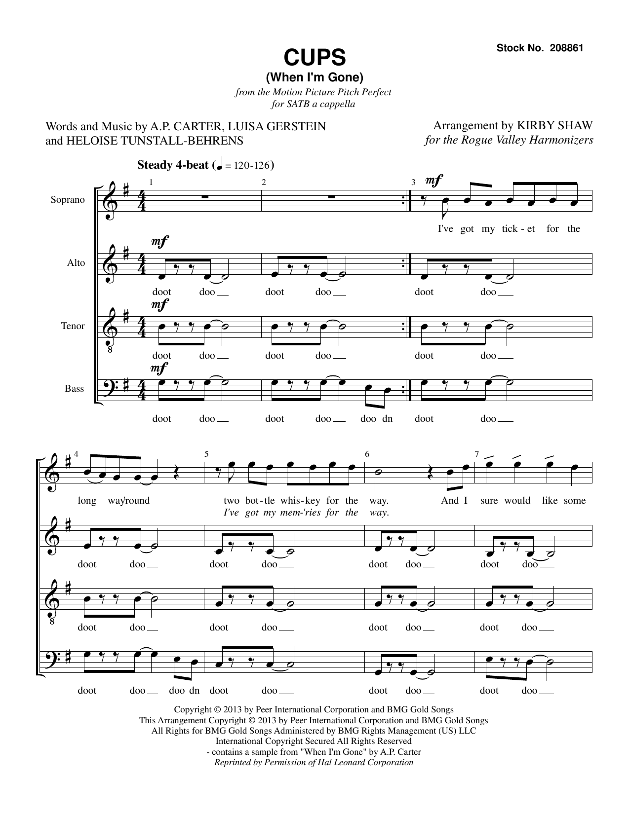 Anna Kendrick Cups (When I'm Gone) (from Pitch Perfect) (arr. Kirby Shaw) Sheet Music Notes & Chords for TTBB Choir - Download or Print PDF