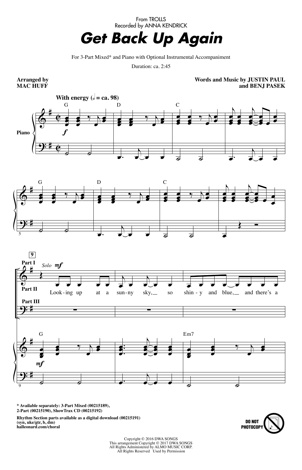 Anna Kendrick Get Back Up Again (from Trolls) (arr. Mac Huff) Sheet Music Notes & Chords for 3-Part Mixed - Download or Print PDF