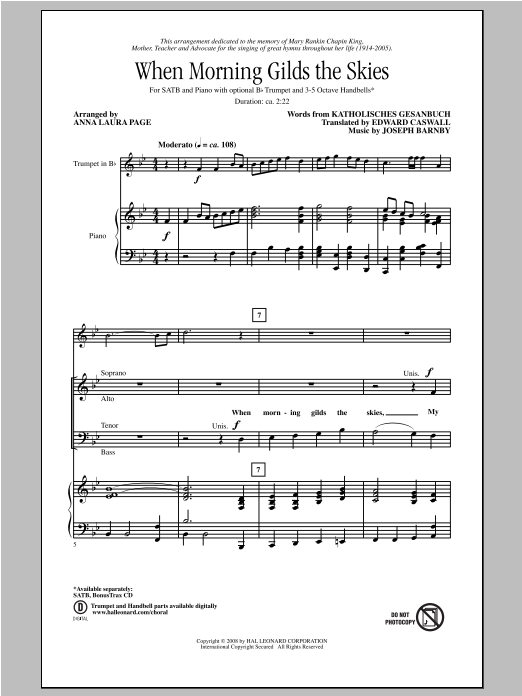 Anna Laura Page When Morning Gilds The Skies Sheet Music Notes & Chords for SATB - Download or Print PDF