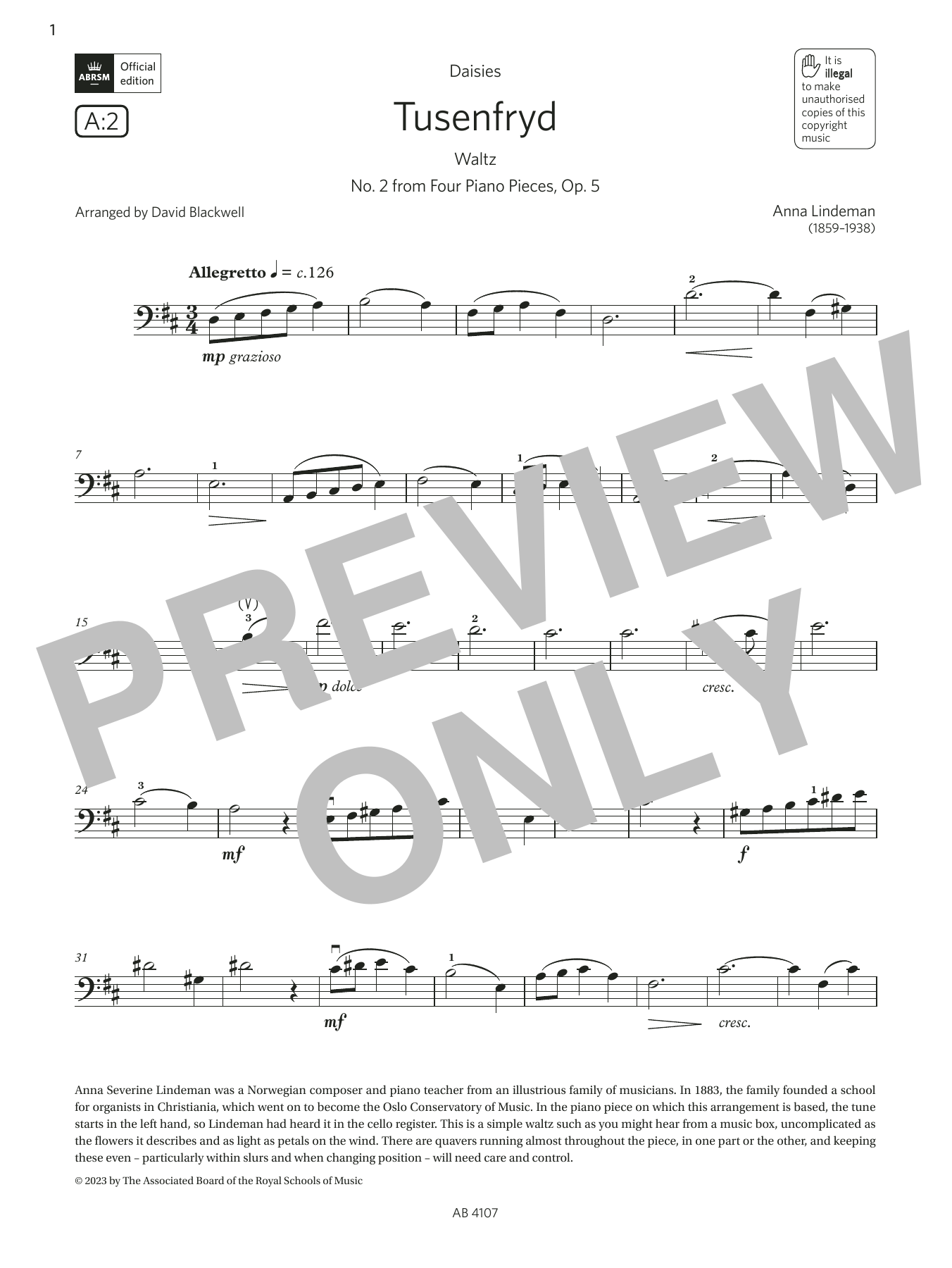 Anna Lindeman Tusenfryd (Grade 4, A2, from the ABRSM Cello Syllabus from 2024) Sheet Music Notes & Chords for Cello Solo - Download or Print PDF