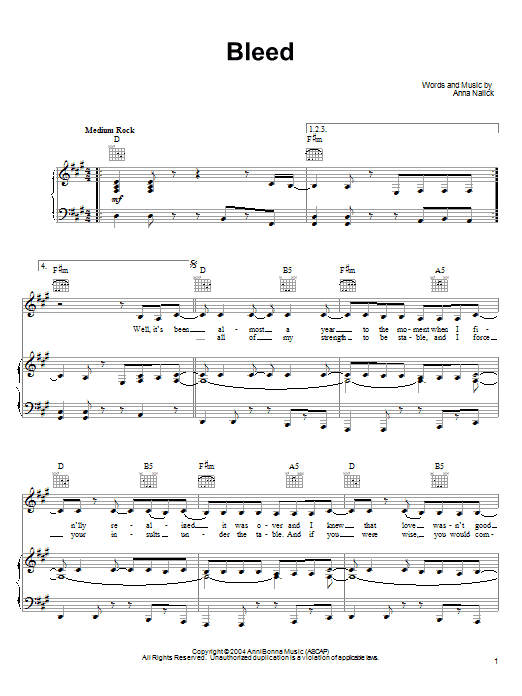 Anna Nalick Bleed Sheet Music Notes & Chords for Piano, Vocal & Guitar (Right-Hand Melody) - Download or Print PDF