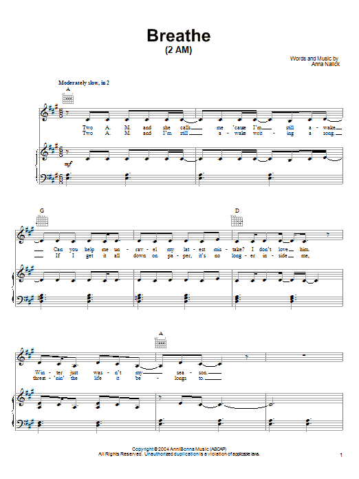 Anna Nalick Breathe (2 AM) Sheet Music Notes & Chords for Piano, Vocal & Guitar (Right-Hand Melody) - Download or Print PDF