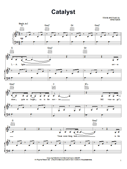 Anna Nalick Catalyst Sheet Music Notes & Chords for Piano, Vocal & Guitar (Right-Hand Melody) - Download or Print PDF