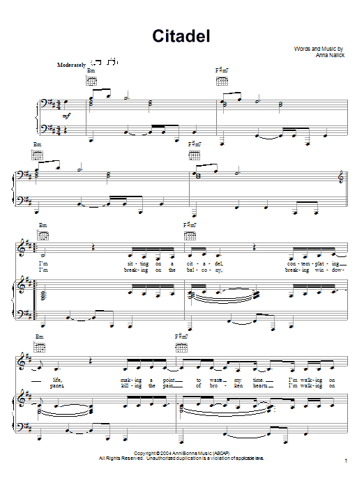 Anna Nalick Citadel Sheet Music Notes & Chords for Piano, Vocal & Guitar (Right-Hand Melody) - Download or Print PDF