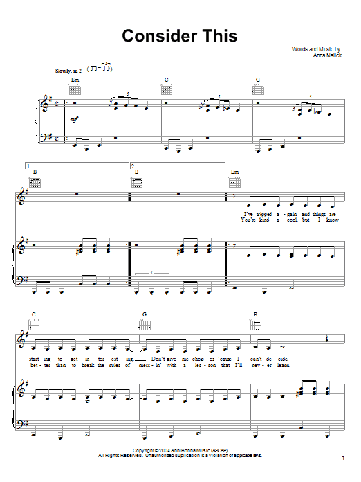 Anna Nalick Consider This Sheet Music Notes & Chords for Piano, Vocal & Guitar (Right-Hand Melody) - Download or Print PDF