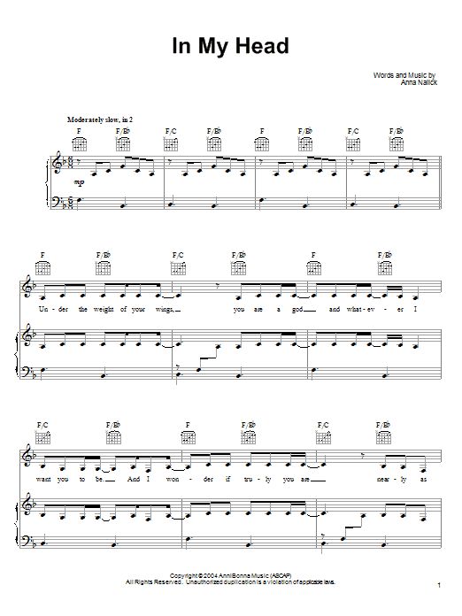 Anna Nalick In My Head Sheet Music Notes & Chords for Piano, Vocal & Guitar (Right-Hand Melody) - Download or Print PDF