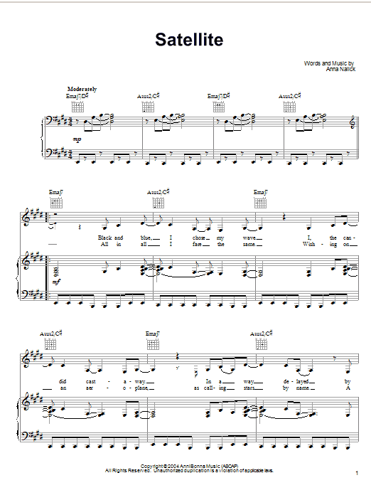 Anna Nalick Satellite Sheet Music Notes & Chords for Piano, Vocal & Guitar (Right-Hand Melody) - Download or Print PDF