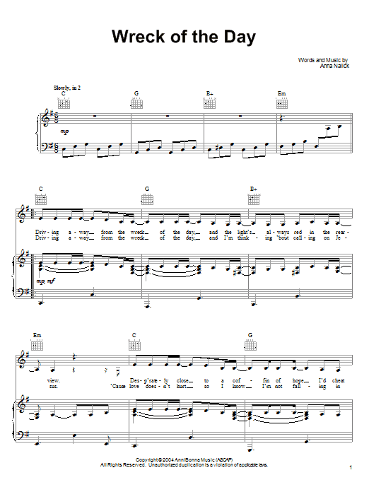 Anna Nalick Wreck of the Day Sheet Music Notes & Chords for Piano, Vocal & Guitar (Right-Hand Melody) - Download or Print PDF
