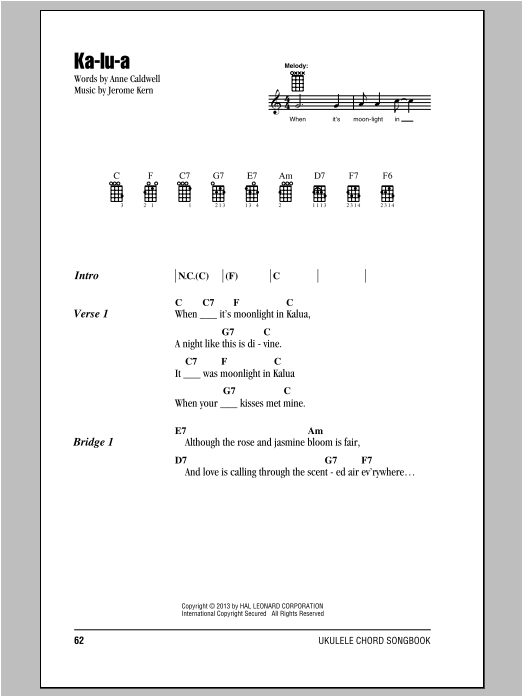 Anne Caldwell Ka-lu-a Sheet Music Notes & Chords for Piano, Vocal & Guitar (Right-Hand Melody) - Download or Print PDF
