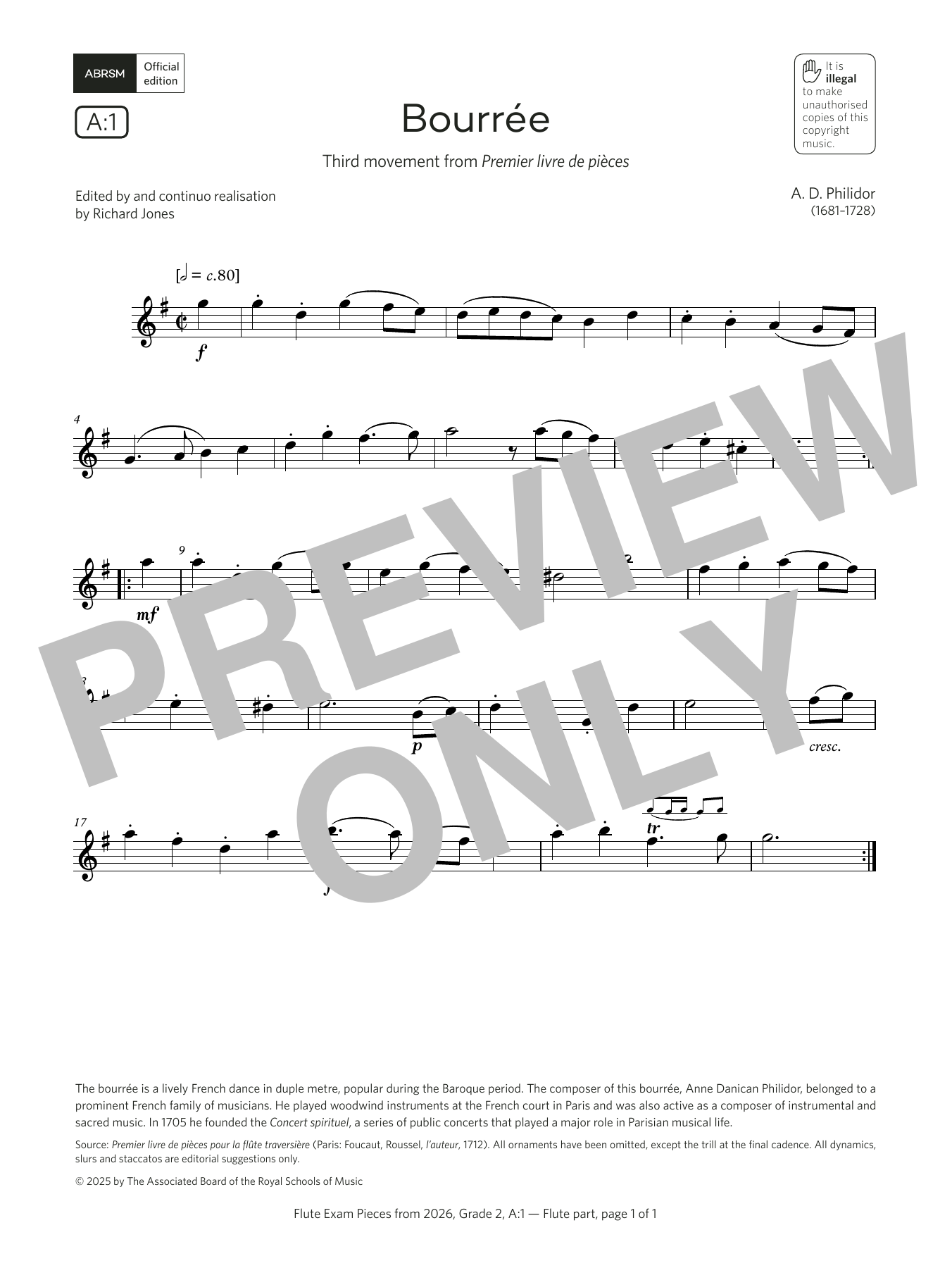 Anne Danican Philidor Bourrée (Grade 2, list A1, from the ABRSM Flute Syllabus from 2026) Sheet Music Notes & Chords for Flute Solo - Download or Print PDF Anne Danican Philidor Bourrée (Grade 2, list A1, from the ABRSM Flute Syllabus from 2026) Sheet Music Notes & Chords for Flute Solo - Download or Print PDF
