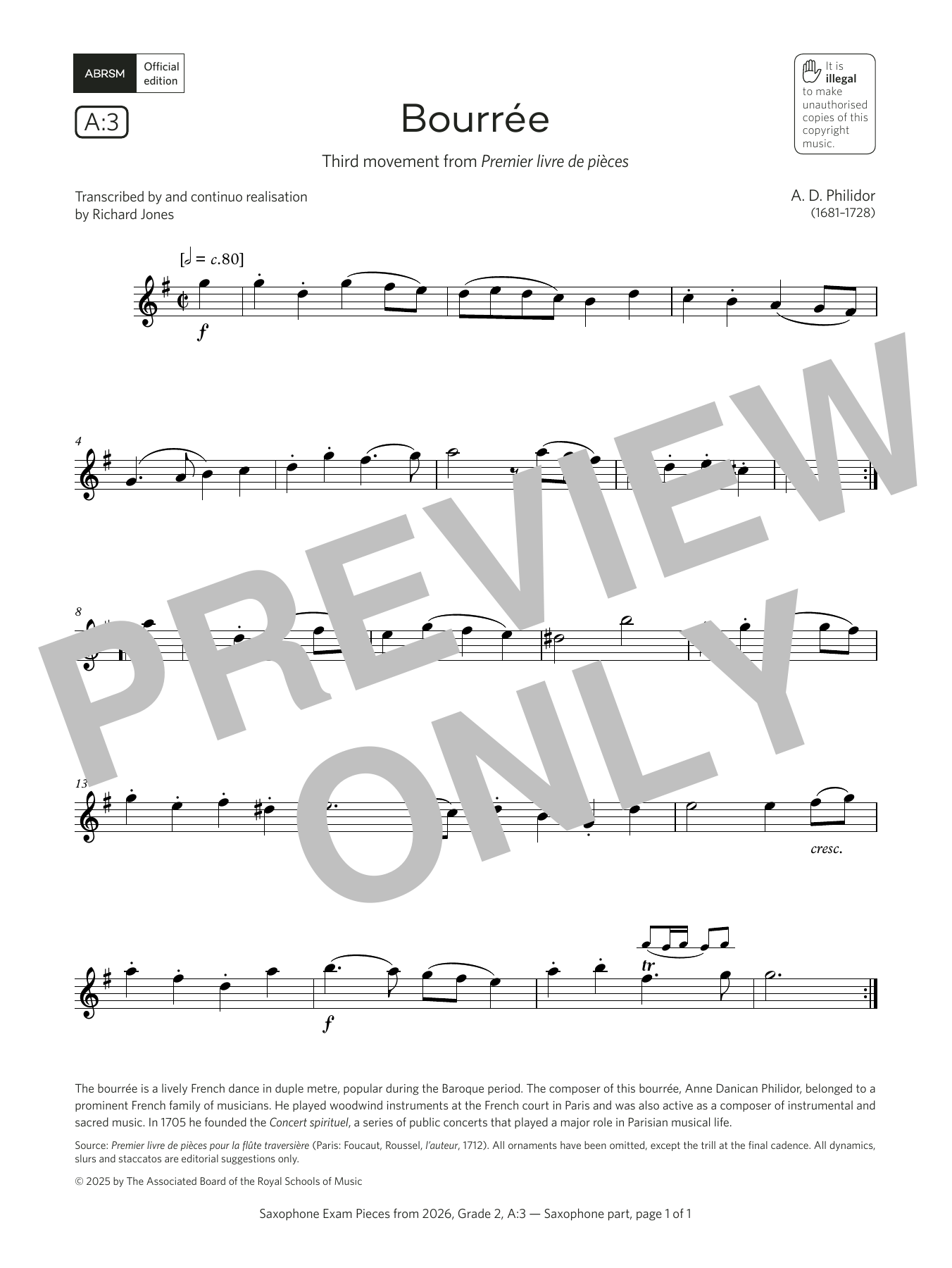 Anne Danican Philidor Bourrée (Grade 2, list A3, from the ABRSM Saxophone Syllabus from 2026) Sheet Music Notes & Chords for Alto Sax Solo - Download or Print PDF Anne Danican Philidor Bourrée (Grade 2, list A3, from the ABRSM Saxophone Syllabus from 2026) Sheet Music Notes & Chords for Alto Sax Solo - Download or Print PDF