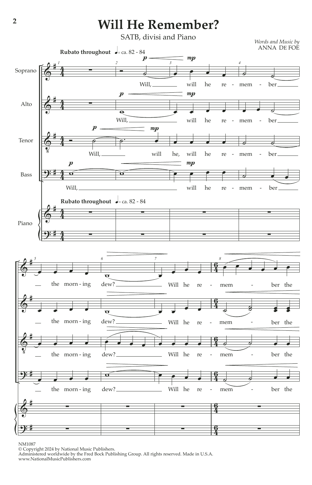 Anne De Foe Will He Remember Sheet Music Notes & Chords for SATB Choir - Download or Print PDF