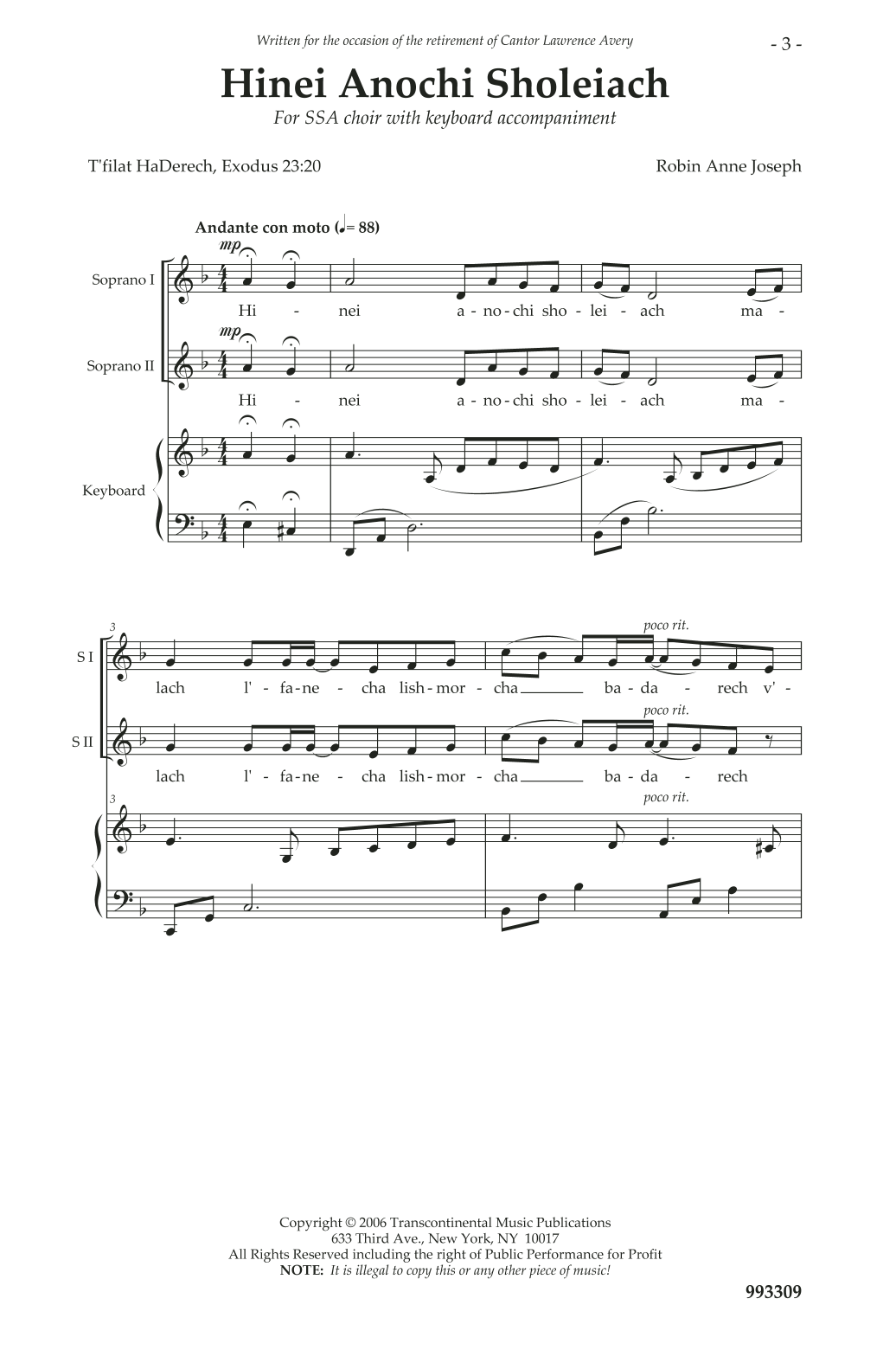 Anne Joseph Hinei Anochi Sholeiach Sheet Music Notes & Chords for SSA - Download or Print PDF
