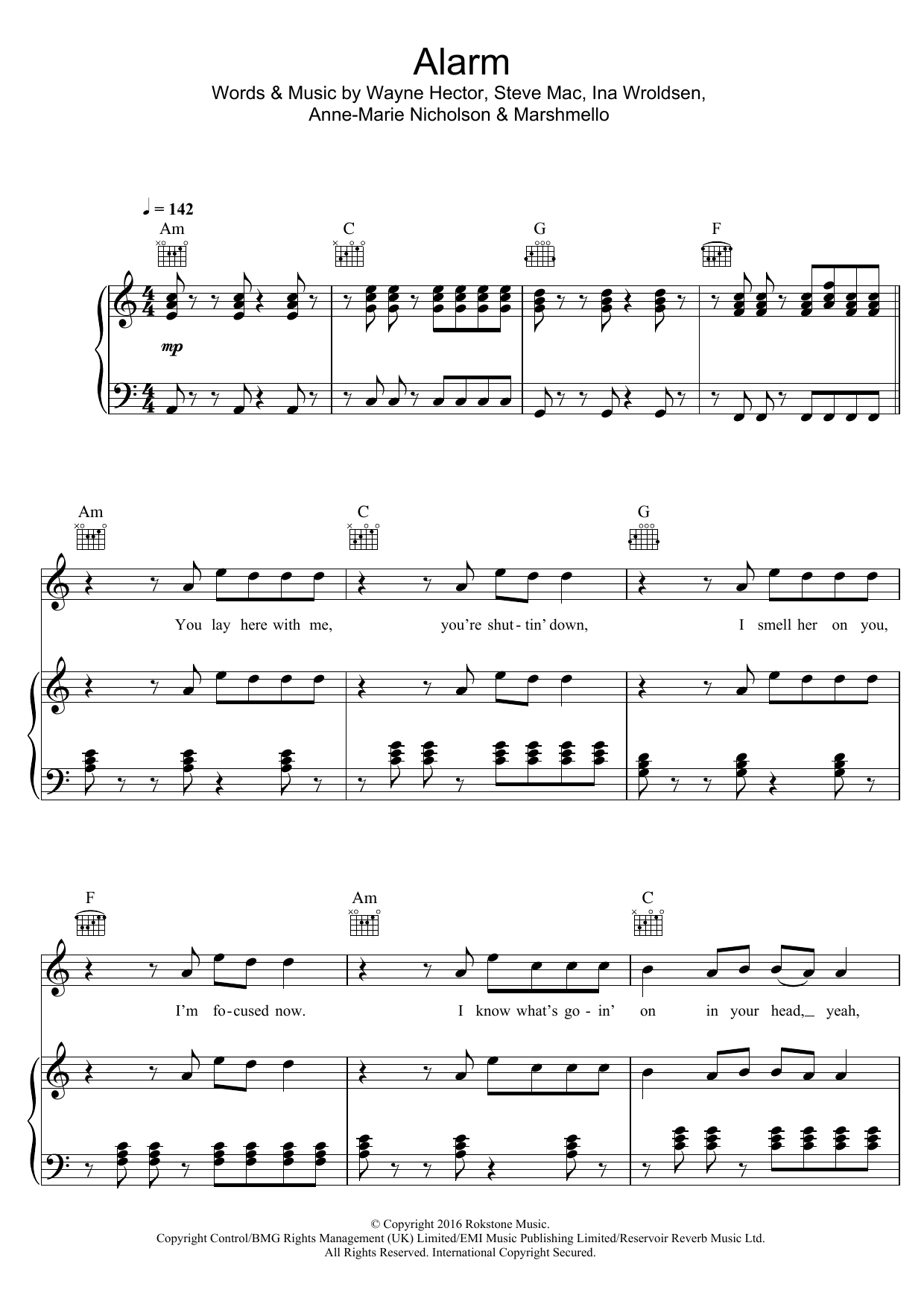 Anne-Marie Alarm Sheet Music Notes & Chords for Piano, Vocal & Guitar Chords (Right-Hand Melody) - Download or Print PDF